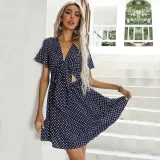 Women Tie Up Bowknot Hollow Waist Polka Dots V-Neck Navy Dress
