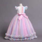 Toddler Girls Embroidery Flowers Flying Sleeve Colorful Formal Cupcake Gowns Long Dress