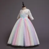 Toddler Girls Embroidery Flowers Rainbow Tutu Bowknot Back Lace Formal Gowns Dress