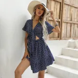 Women Tie Up Bowknot Hollow Waist Polka Dots V-Neck Navy Dress