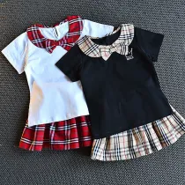 Toddler Girls Short Sleeve T-shirts Tops Plaid Skirt 2 PCS Set