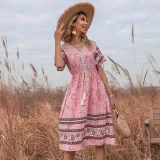 Women Boho Floral Lace Slim Short Sleeve V-Neck Dress