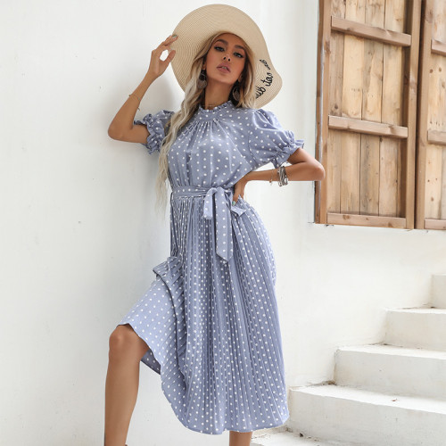 Women White Polka Dots Stand Collar Pleated Middle Dress