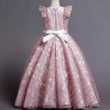 Toddler Girls Flying Sleeve Embroidery Lace Pearls Waist Formal Gowns Dress