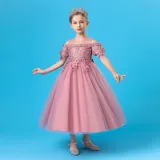 Toddler Girls Embroidery Flower Mesh Short Sleeve Formal Dress Lace Gowns Dress