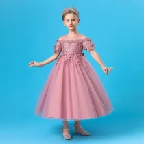 Toddler Girls Embroidery Flower Mesh Short Sleeve Formal Dress Lace Gowns Dress