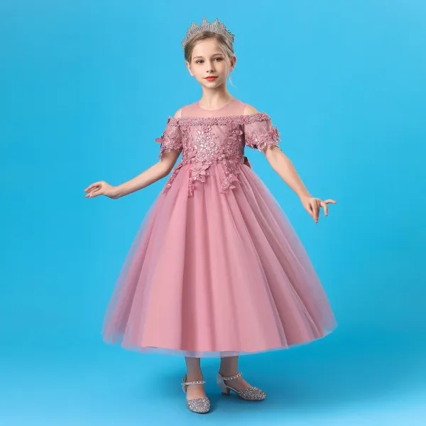 Toddler Girls Embroidery Flower Mesh Short Sleeve Formal Dress Lace Gowns Dress