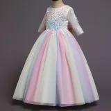 Toddler Girls Embroidery Flowers Rainbow Tutu Bowknot Back Lace Formal Gowns Dress