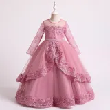 Toddler Girls Embroidery Flower Mesh Long Sleeve Pearls Formal Dress Lace Gowns Dress