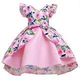 Toddler Girls Flower Formal Dress Flying Sleeve with V-neck Gowns Dress