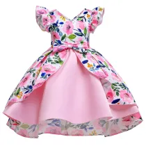 Toddler Girls Flower Formal Dress Flying Sleeve with V-neck Gowns Dress