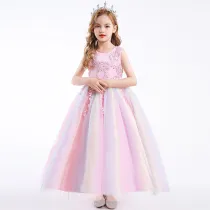 Toddler Girls Embroidery Flowers Rainbow Tutu Sleeveless Lace Formal Gowns Dress
