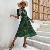 Women White Polka Dots Stand Collar Pleated Middle Dress