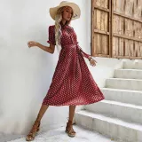 Women White Polka Dots Stand Collar Pleated Middle Dress