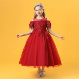 Toddler Girls Embroidery Flower Mesh Short Sleeve Formal Dress Lace Gowns Dress
