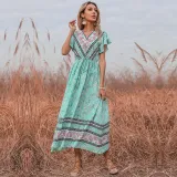 Women Boho Floral Lace Slim Short Sleeve V-Neck Dress