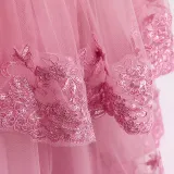 Toddler Girls Embroidery Flower Mesh Long Sleeve Pearls Formal Dress Lace Gowns Dress