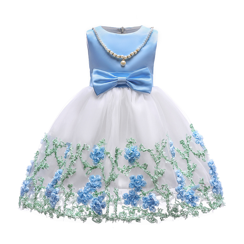 Toddler Girls Embroidery Flowers  Pearls Formal Short Sleeve Gowns Dress