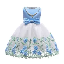 Toddler Girls Embroidery Flowers  Pearls Formal Short Sleeve Gowns Dress
