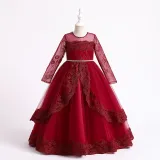 Toddler Girls Embroidery Flower Mesh Long Sleeve Pearls Formal Dress Lace Gowns Dress