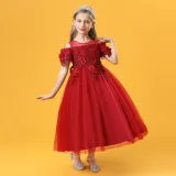 Toddler Girls Embroidery Flower Mesh Short Sleeve Formal Dress Lace Gowns Dress