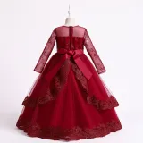 Toddler Girls Embroidery Flower Mesh Long Sleeve Pearls Formal Dress Lace Gowns Dress