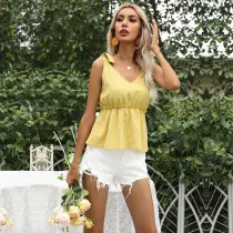 Women Yellow Straps Bowknot Ruffles Vest Top