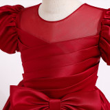 Toddler Girls Silks Satins Puff Sleeve Formal Dress Bow Tie Gowns Dress