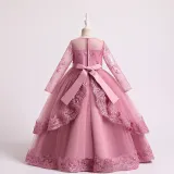 Toddler Girls Embroidery Flower Mesh Long Sleeve Pearls Formal Dress Lace Gowns Dress