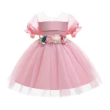 Toddler Girls Petal Formal Dress Mesh Short Sleeve Gowns Dress