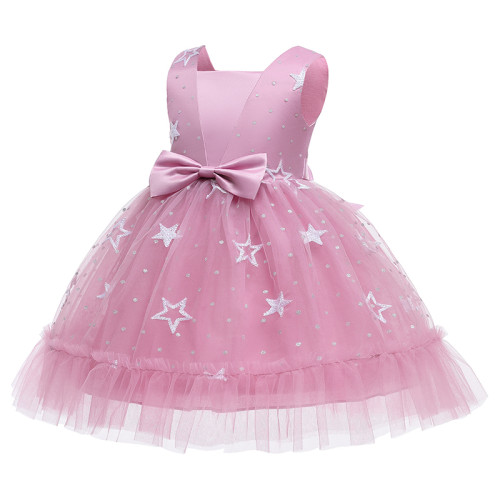 Toddler Girls Sequins Silver Stars Sleeveless Formal Dress Bow Tie Pink Gowns Dress