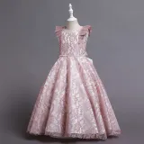 Toddler Girls Flying Sleeve Embroidery Lace Pearls Waist Formal Gowns Dress
