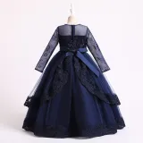 Toddler Girls Embroidery Flower Mesh Long Sleeve Pearls Formal Dress Lace Gowns Dress
