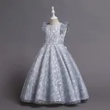 Toddler Girls Flying Sleeve Embroidery Lace Pearls Waist Formal Gowns Dress