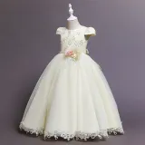 Toddler Girls Flower Flying Sleeve Formal Dress Pearls Gowns Dress