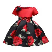 Toddler Girls Red Rose Flowers Formal Short Sleeve Gowns Dress