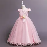 Toddler Girls Flower Flying Sleeve Formal Dress Pearls Gowns Dress