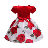 Toddler Girls Red Rose Flowers Formal Short Sleeve Gowns Dress