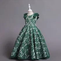 Toddler Girls Flying Sleeve Embroidery Lace Pearls Waist Formal Gowns Dress