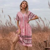 Women Boho Floral Lace Slim Short Sleeve V-Neck Dress