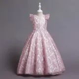 Toddler Girls Flying Sleeve Embroidery Lace Pearls Waist Formal Gowns Dress