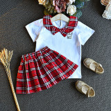Toddler Girls Short Sleeve T-shirts Tops Plaid Skirt 2 PCS Set
