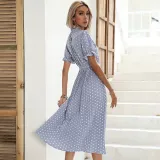 Women White Polka Dots Stand Collar Pleated Middle Dress