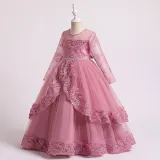 Toddler Girls Embroidery Flower Mesh Long Sleeve Pearls Formal Dress Lace Gowns Dress