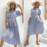 Women White Polka Dots Stand Collar Pleated Middle Dress