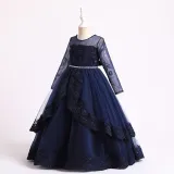 Toddler Girls Embroidery Flower Mesh Long Sleeve Pearls Formal Dress Lace Gowns Dress