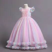 Toddler Girls Embroidery Flowers Flying Sleeve Colorful Formal Cupcake Gowns Long Dress