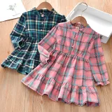 Toddler Girls Long Sleeve Plaids Casual Cotton Dress