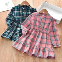 Toddler Girls Long Sleeve Plaids Casual Cotton Dress