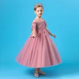 Toddler Girls Embroidery Flower Mesh Short Sleeve Formal Dress Lace Gowns Dress